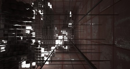 Abstract architectural concrete  and rusted metal interior from an array of white cubes with neon lighting. 3D illustration and rendering.