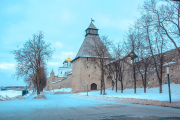 Fototapeta na wymiar Ancient walls of the Pskov Kremlin. Russia. January 2019