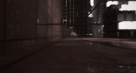 Abstract architectural concrete  and rusted metal interior from an array of white cubes with neon lighting. 3D illustration and rendering.