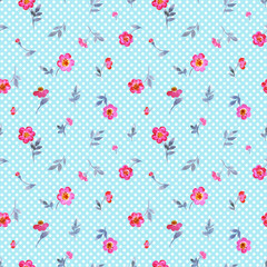 Seamless pattern of small pink flowers on a blue polka dot background, print for fabric, background for various designs, children's watercolor pattern.