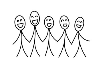 Hand drawing cartoon of friend group holding each other's hand smiling, laughing with happy faces and joyful time together. Concept for unconditional love, positive thinking, teamwork and happy life. 