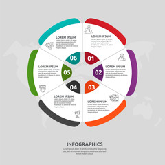 Vector flat template circle and sector infographics. Business concept with 6 sectors. Six steps for content, flowchart, timeline, levels, marketing, presentation, graph, diagrams, slideshow