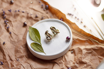 vintage background on Kraft paper with green leaves and dried flowers snake earrings with a glass of water.