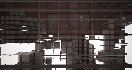 Abstract architectural concrete  and rusted metal interior from an array of white cubes with neon lighting. 3D illustration and rendering.