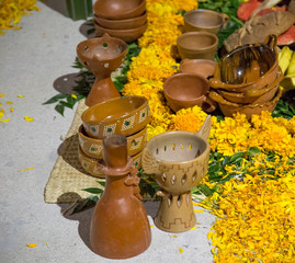 Fototapeta premium Mixtec traditional offering, clay pottery, flowers, day of the dead Mexico
