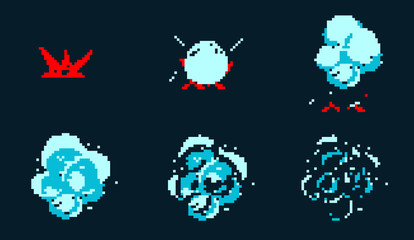 Pixel art explosion. Game icons set. Comic boom flame effects for emotion.