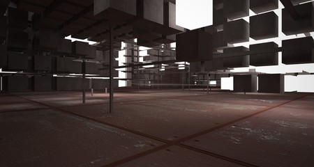 Abstract architectural concrete  and rusted metal interior from an array of white cubes with neon lighting. 3D illustration and rendering.