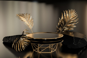 Podium concept product display background, gold black stone round pedestal or platform, 3d rendering.