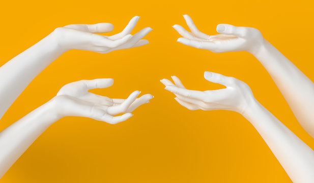 Showing hands set. White open palm presenting gesture isolated on yellow background, female hand sculpture, art fashion concept, modern promo creative banner, 3d rendering,
