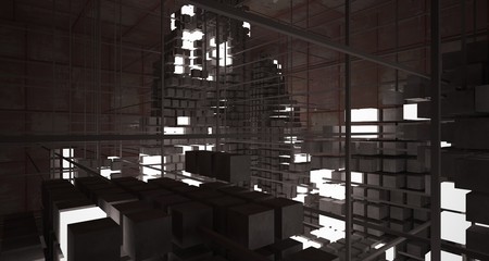 Abstract architectural concrete  and rusted metal interior from an array of white cubes with neon lighting. 3D illustration and rendering.