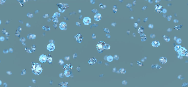 Blue Gem Diamonds round falling, 3d rendering