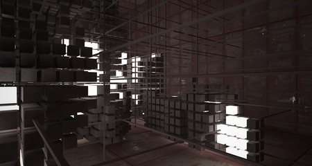 Abstract architectural concrete  and rusted metal interior from an array of white cubes with neon lighting. 3D illustration and rendering.