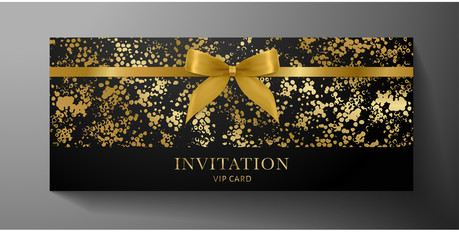 Luxurious VIP Invitation template with gold bow, ribbon on black textured background. Premium class design for Gift certificate, Voucher, Gift card 