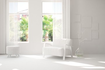 Obraz na płótnie Canvas Mock up of stylish room in white color with armchair and green landscape in window. Scandinavian interior design. 3D illustration