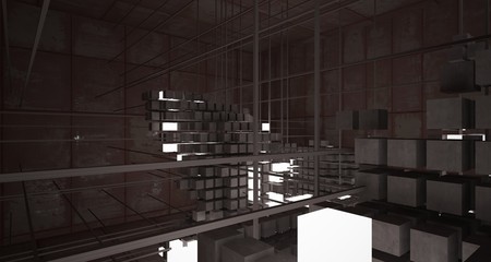 Abstract architectural concrete  and rusted metal interior from an array of white cubes with neon lighting. 3D illustration and rendering.