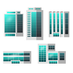 Set of city buildings isolated to create modern urban cityscape, for infographic design, flat style. Business office, houses, shopping center with glass panels. Vector illustration