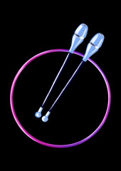 Rhythmic gymnastics. Purple hoop and blue clubs