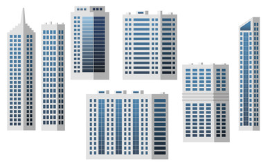 Set of city buildings isolated to create modern urban cityscape, for infographic design, flat style. Business office, houses, shopping center with glass panels. Vector illustration