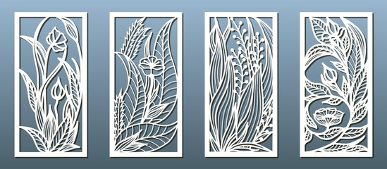 Laser cut panel template, anstract floral pattern. Stencil for wood or metal cutting, carving, paper art, fretwork - obrazy, fototapety, plakaty