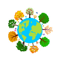 Earth day. Ecology concept with Green Eco Earth and Trees. World environment day background. Save the earth. Vector