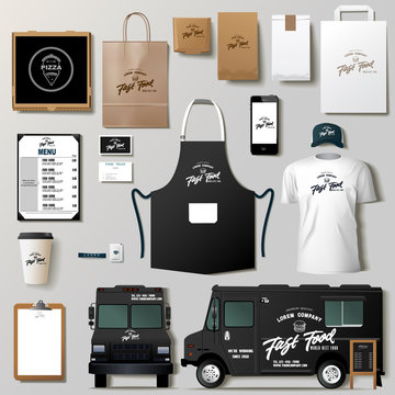 Vector food truck corporate identity template design set. Branding mock up.