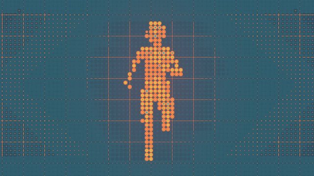 Abstract video banner with running man from a flat pattern of multi-colored dots. Healthy lifestyle geometric background design. 3d rendering loop animation. 4K, Ultra HD resolution