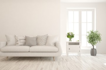 Stylish room in white color with sofa. Scandinavian interior design. 3D illustration