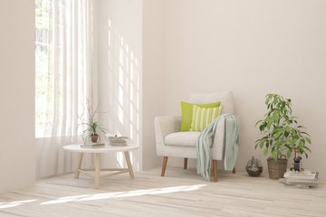 Stylish room in white color with armchair. Scandinavian interior design. 3D illustration