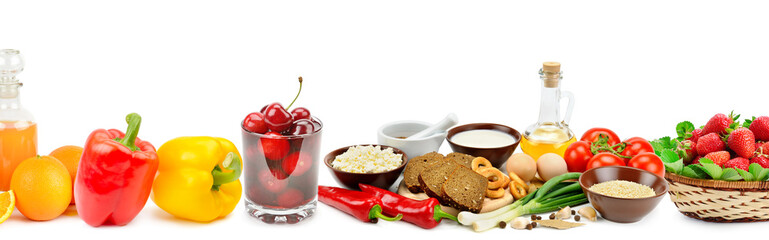 Natural products isolated on white background. Healthy food. Panoramic collage. Wide photo with free space for text.