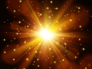 Fototapeta na wymiar Light effect. Star burst with sparkles. Gold glitter texture. Festive background