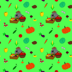 Seamless pattern with vegetables.  Vegetables in sack, basket and box. 