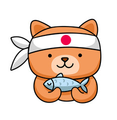 Dog shiba holding fish. Cute cartoon character for logo, sticker, pin, badge. Simple vector illustration.