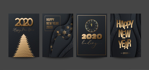Fototapeta na wymiar 2020 Happy New Year posters set with snowflakes, stars and clock. Paper style. Vector illustration