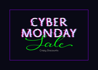 Cyber Monday sale poster. Glitch design. Vector illustration
