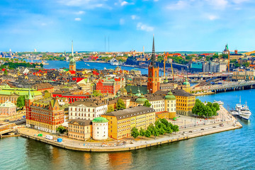 Gamla Stan, the old part of Stockholm in a sunny summer day, Sweden. Aerial view from Stockholm City hall Stadshuset.