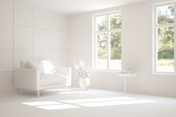 Mock up of stylish room in white color with armchair and green landscape in window. Scandinavian interior design. 3D illustration