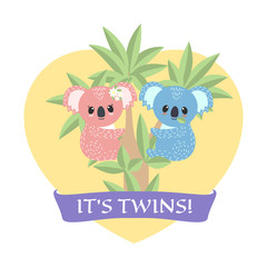 Koala twins boy and girl on a eucalyptus tree. Invitation card template design for baby shower party. Vector