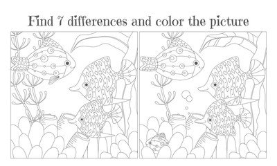 Find the seven differences and color the picture. Decorative fish among the algae in the aquarium. Vector
