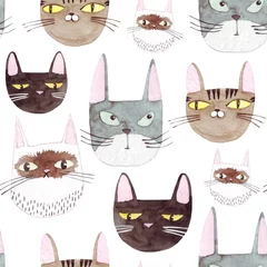 Foto auf Acrylglas Nahtloses Muster von netten Katzen. Aquarellhintergrund mit Katzenköpfen. Handgezeichnete Abbildung. Gemalte Kulisse. Stoffmuster. Katze, Kätzchen, Kopf. © Tatiana 
