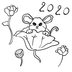 Year of Rat 2020, Chinese mouse, Symbol of the New Year 2020. Coloring page or book for children adults. Cartoon style - Vector. Vector illustration