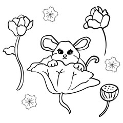 The rat in the Chinese style. Symbol of the New Year 2020. Cartoon style Coloring page or book for children adults. - Vector. Vector illustration