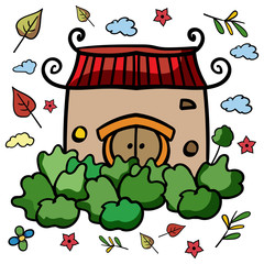Asian architecture Red Chinese, House with a garden. - Vector. Vector illustration