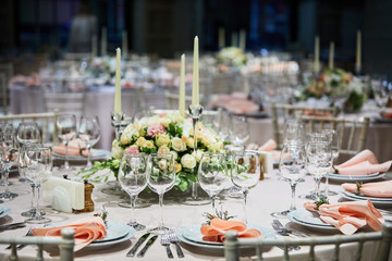 A luxurious covered table for the holiday in an expensive restaurant.