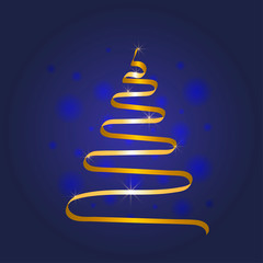 Gold Christmas tree from ribbon vector background. Blue background.