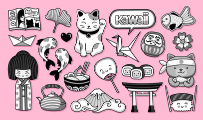 Set of kawaii cartoon japanese stickers. Kokeshi doll, maneki-neko, carps, origami, fuji, temple, sushi, manga, ginko leaf and taiyaki fish. Collection of vector illustration.