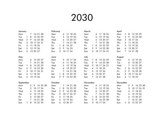 Calendar of year 2030