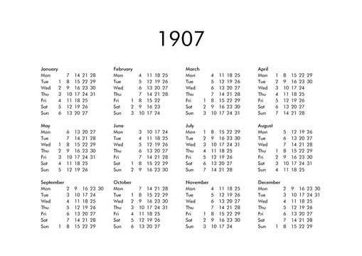 Calendar of year 1907