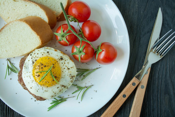 Beef steak with fried egg in spices served on a white plate. American dish. Dark wooden background. Side view. Close-up.