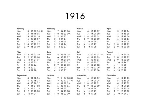 Calendar of year 1916