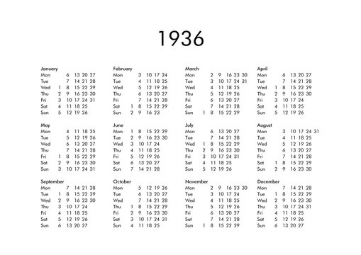 Calendar of year 1936
